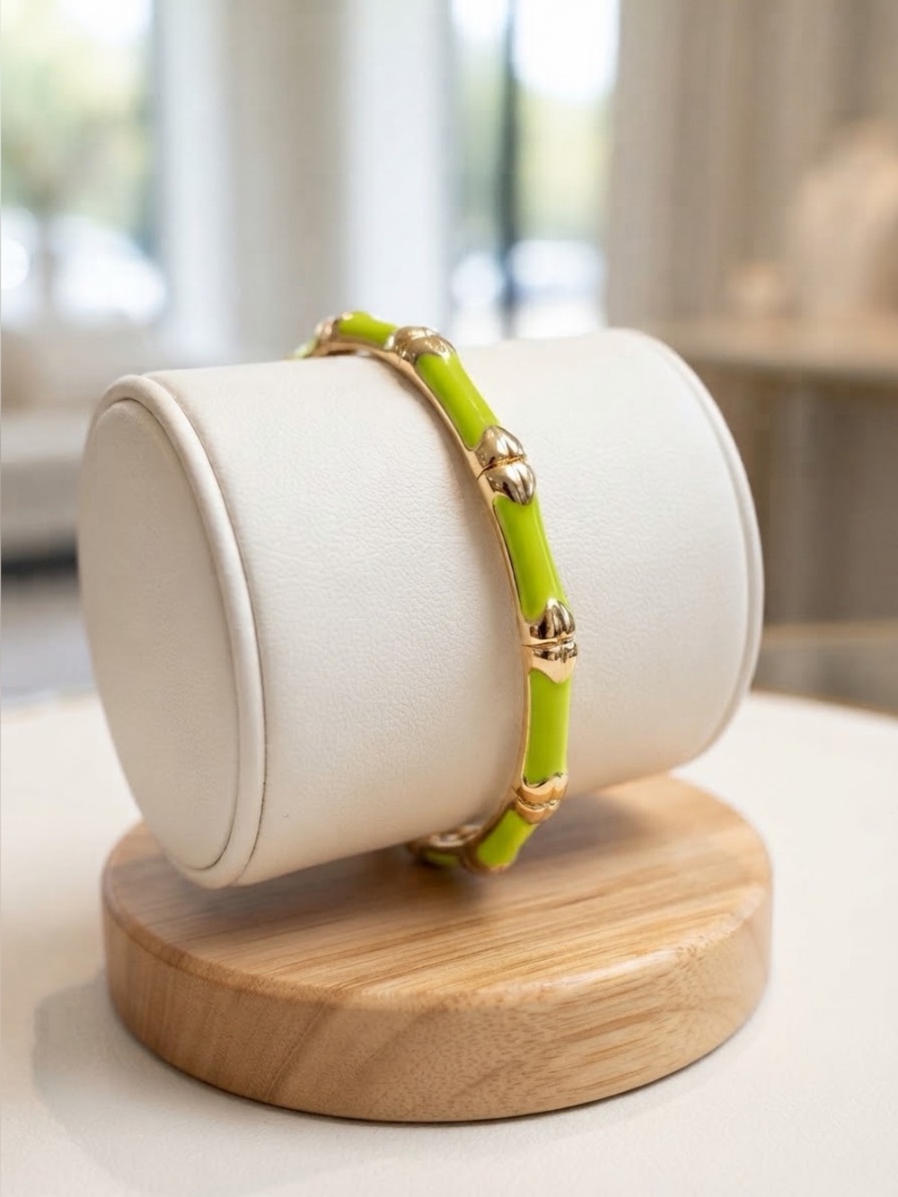 Lime Green Enamel Bamboo Bangle | Gold Tone Retro Preppy Statement Bracelet